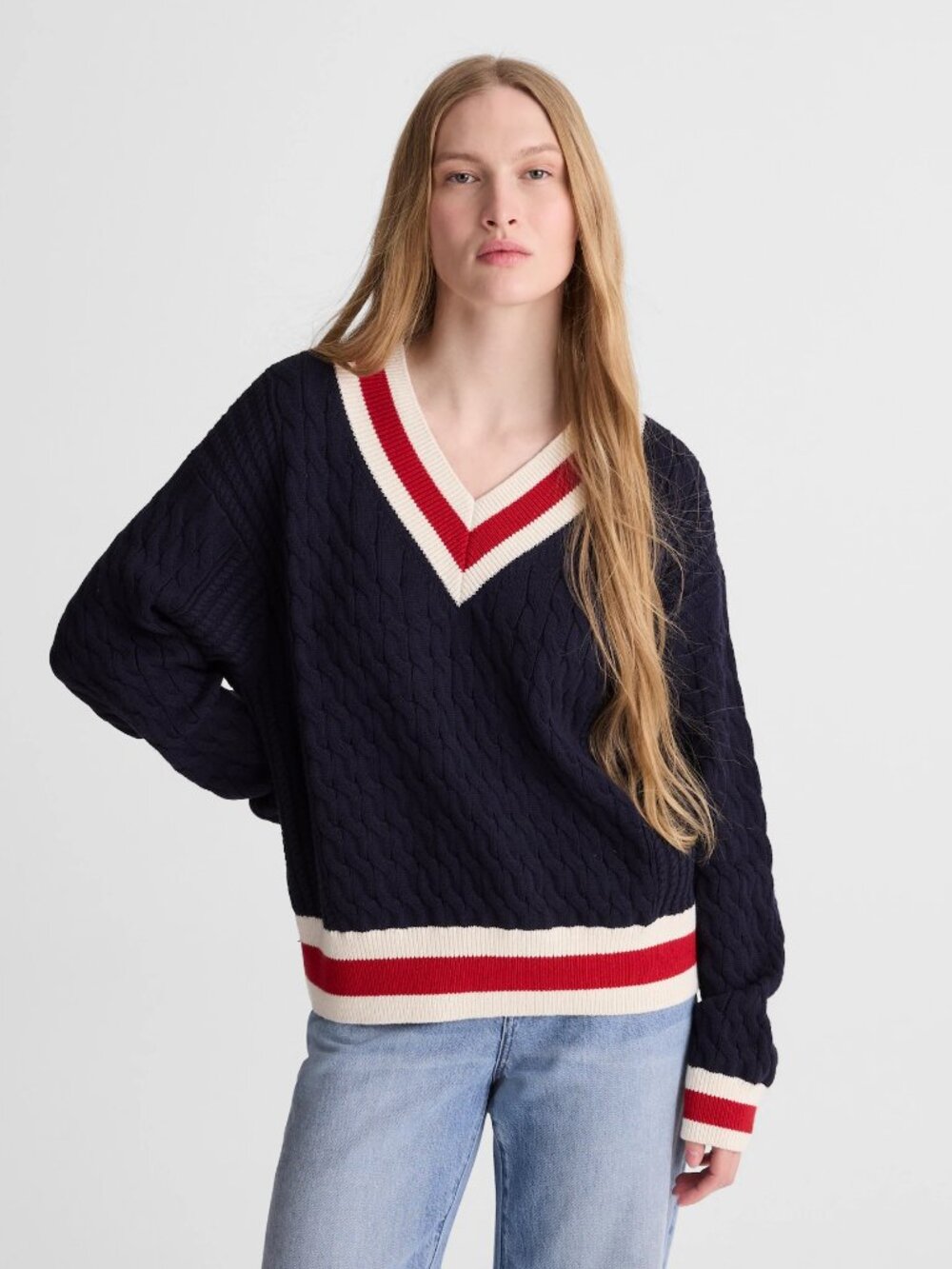 Madewell Cable-Knit V-Neck Varsity Sweater in Navy Combo, Size Small